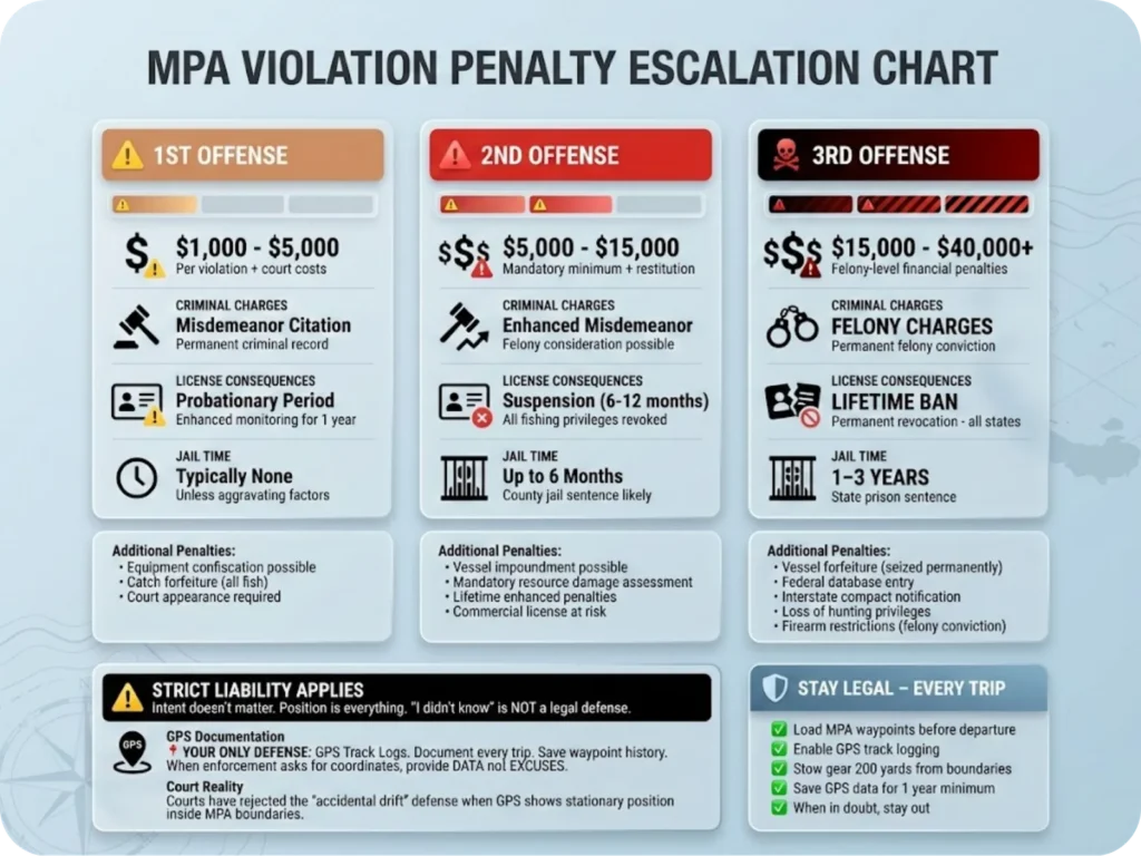 MPA violation penalty escalation chart showing increasing fines, jail time, and license consequences from first to third offense.