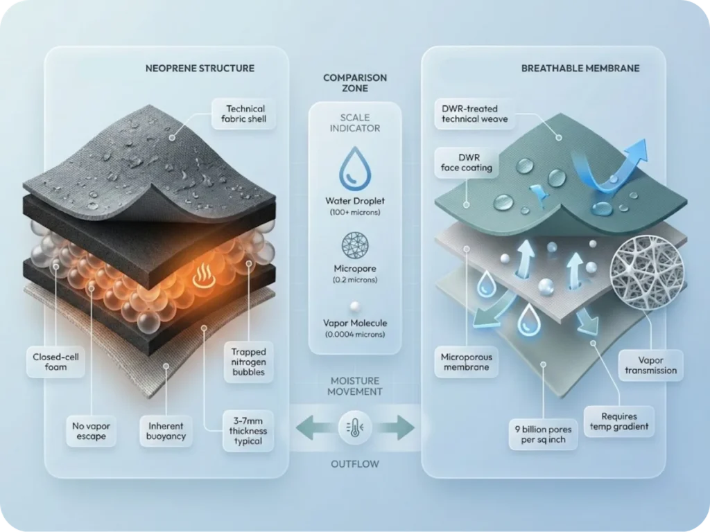 Technical cross-section infographic comparing neoprene closed-cell foam structure with labeled nitrogen bubbles versus breathable Gore-Tex membrane structure showing micropore sizes and vapor transmission.