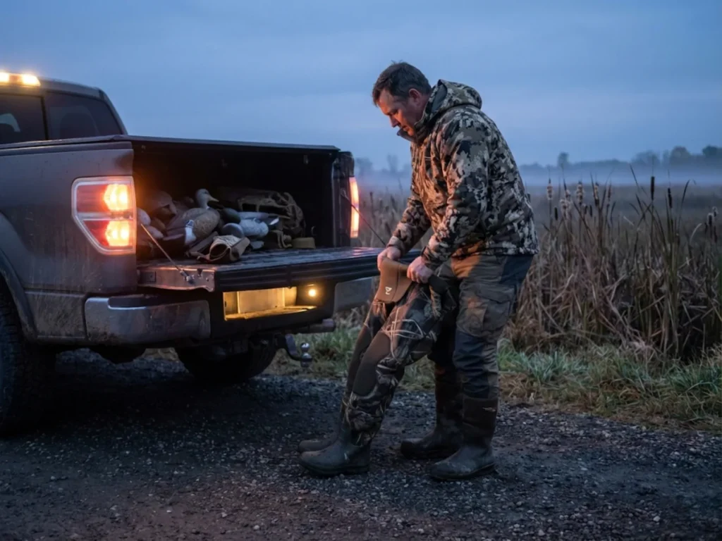Waterfowl hunter putting on 5mm neoprene waders at marsh before dawn hunt