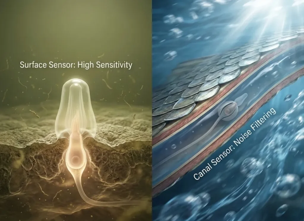 A high-definition split-screen biological illustration comparing fish lateral line anatomy. The left side shows exposed superficial neuromasts on a catfish in still water; the right side shows protected canal neuromasts inside a Snook in fast currents.
