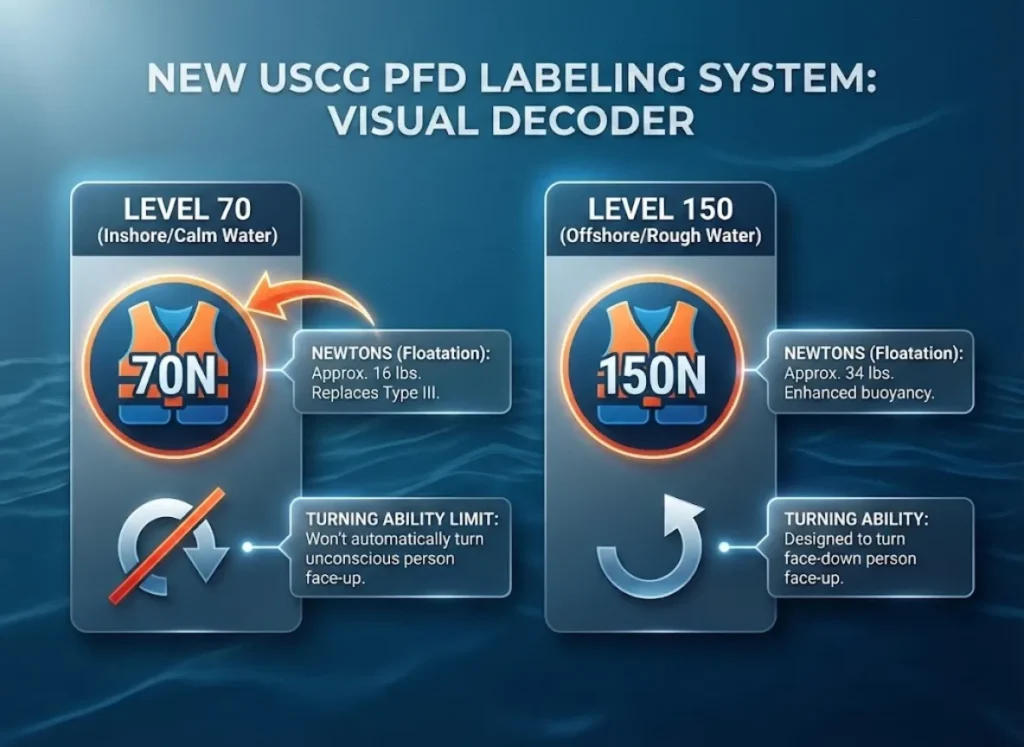 Infographic decoding the new USCG PFD labels. It shows two example labels side-by-side: a 'LEVEL 70' label highlighting the '70N' floatation icon (approx 16 lbs) and a crossed-out turning arrow icon (won't turn face-up); and a 'LEVEL 150' label highlighting the '150N' icon (approx 34 lbs) and a curved turning arrow icon (turns face-up).