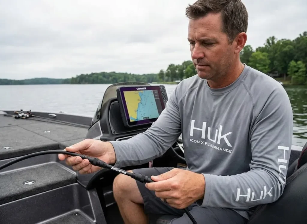 Angler inspecting NMEA 2000 backbone cable routing on bass boat near Lowrance unit