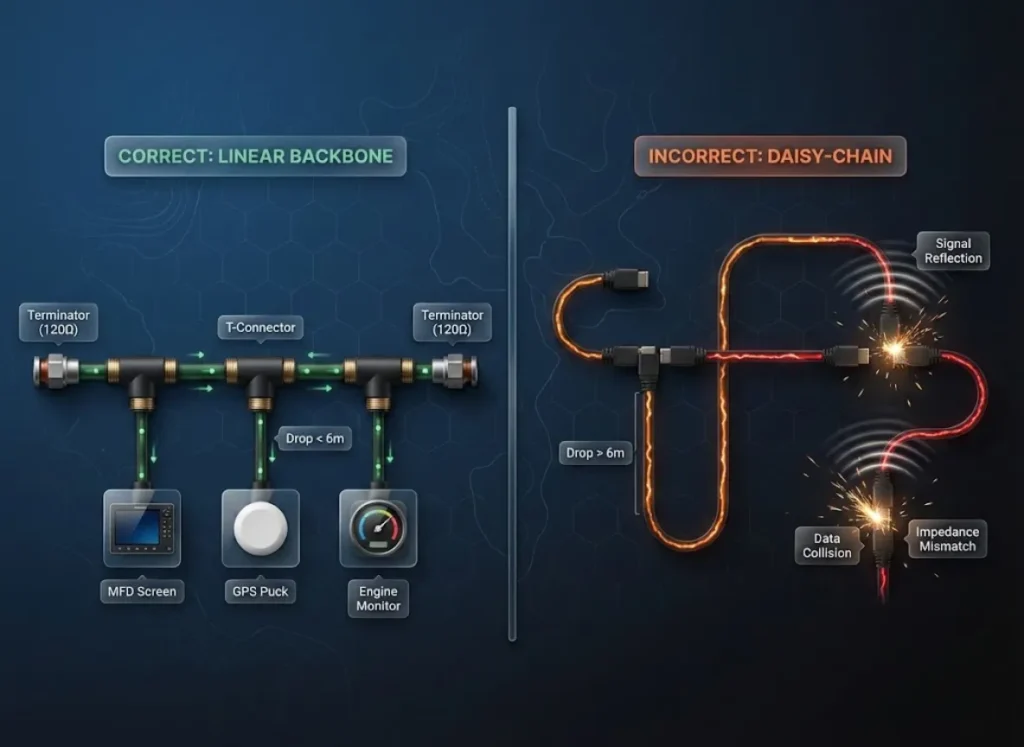 A split-screen 3D technical visualization comparing a correct linear NMEA 2000 network backbone with T-connectors against an incorrect daisy-chain setup, highlighting signal reflections and data collisions in the incorrect topology.