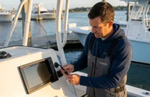 NMEA 2000 Network Guide: From Sonar to Trolling Motor Angler connecting NMEA 2000 network cable behind Garmin chartplotter on fishing boat