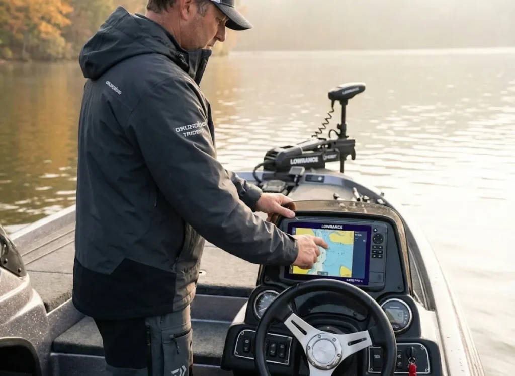 Angler controlling Lowrance Ghost trolling motor via HDS Pro touchscreen on bass boat