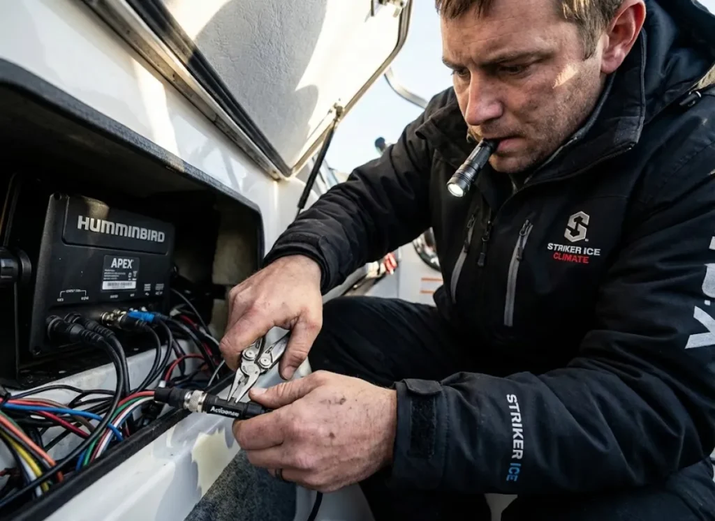 Angler troubleshooting NMEA 2000 connection in tight space behind boat console
