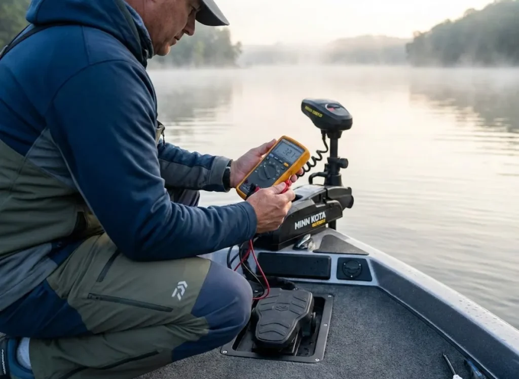 Angler testing NMEA 2000 network voltage at bass boat bow with Minn Kota trolling motor