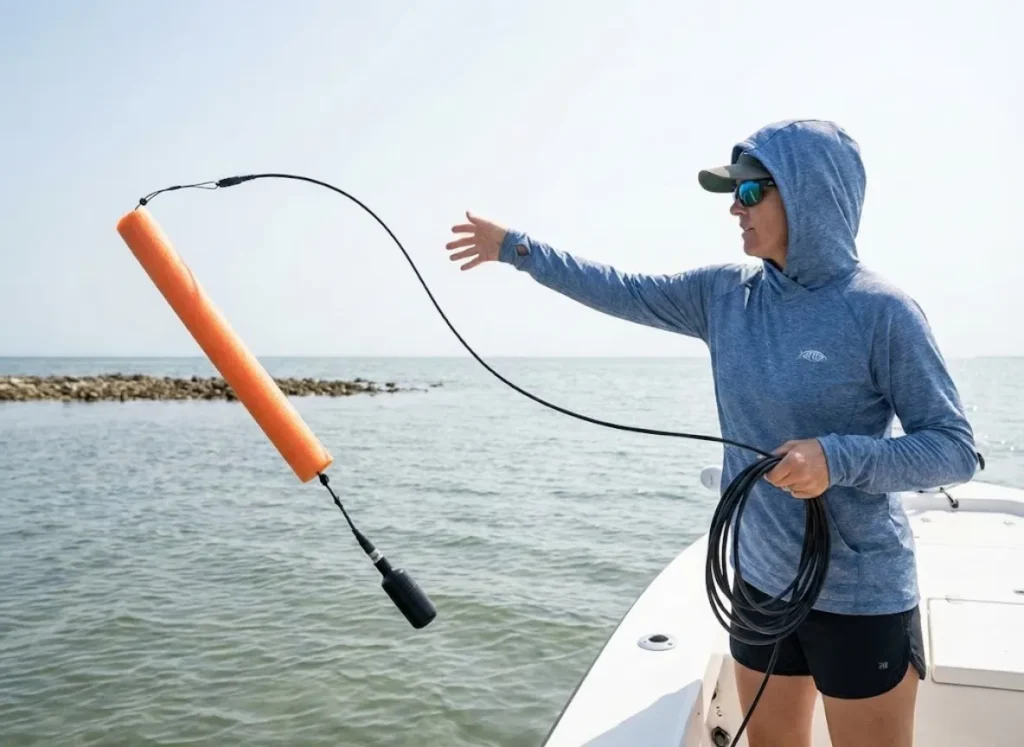 Angler deploying pool noodle hydrophone suspension rig away from boat on coastal flat for acoustic fishing