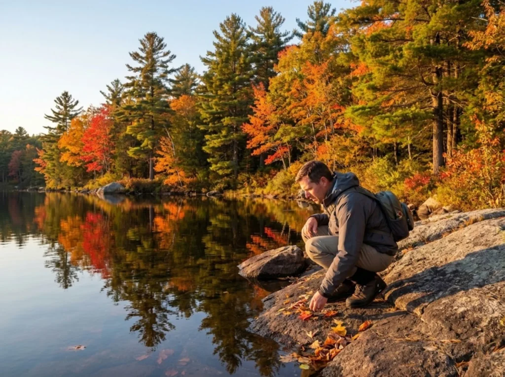 Angler on northern natural lake with peak fall colors bass fishing