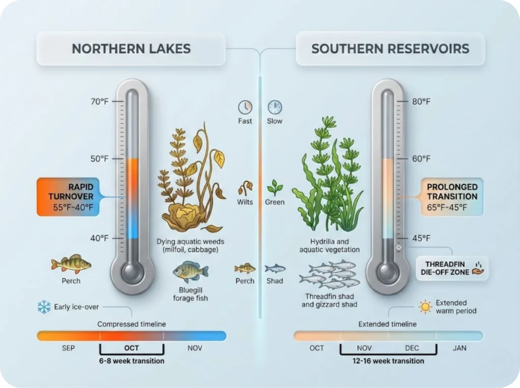 Side-by-side comparison infographic showing Northern natural lakes versus Southern reservoirs fall turnover timelines, with thermometers, calendar bars, and key differences in turnover speed, vegetation, and forage species.