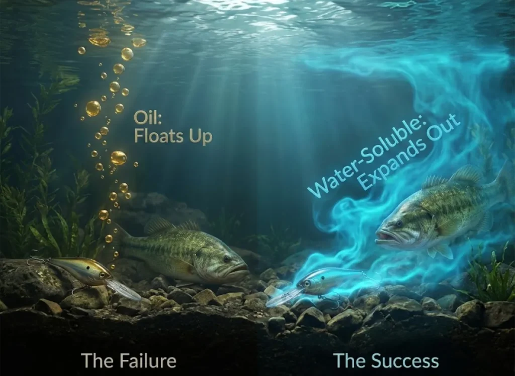 A split-screen underwater cross-section illustration. The left side shows oil-based scent droplets floating vertically away from a fish. The right side shows a water-soluble scent cloud expanding horizontally towards a fish.