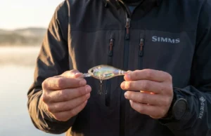 Paint Custom Lures for a Unique Edge Close-up of a professional angler's clean hands holding a custom-painted, translucent ghost minnow crankbait against a blurred lake background, wearing a Simms jacket.