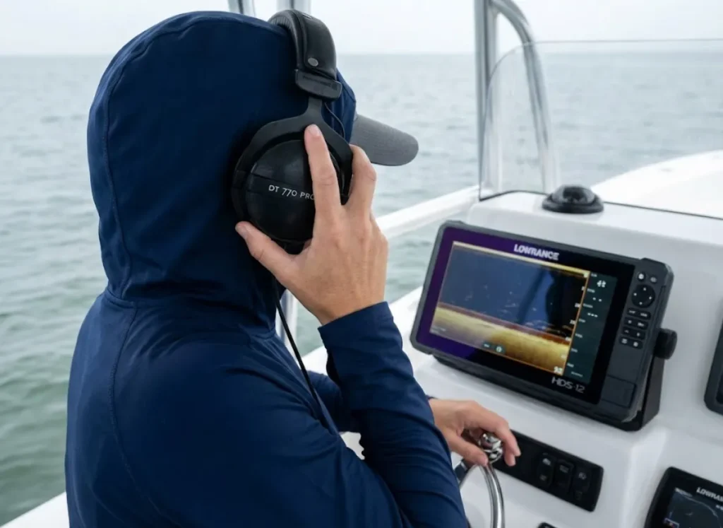 Female angler comparing fish finder sonar to hydrophone audio detection on center console boat