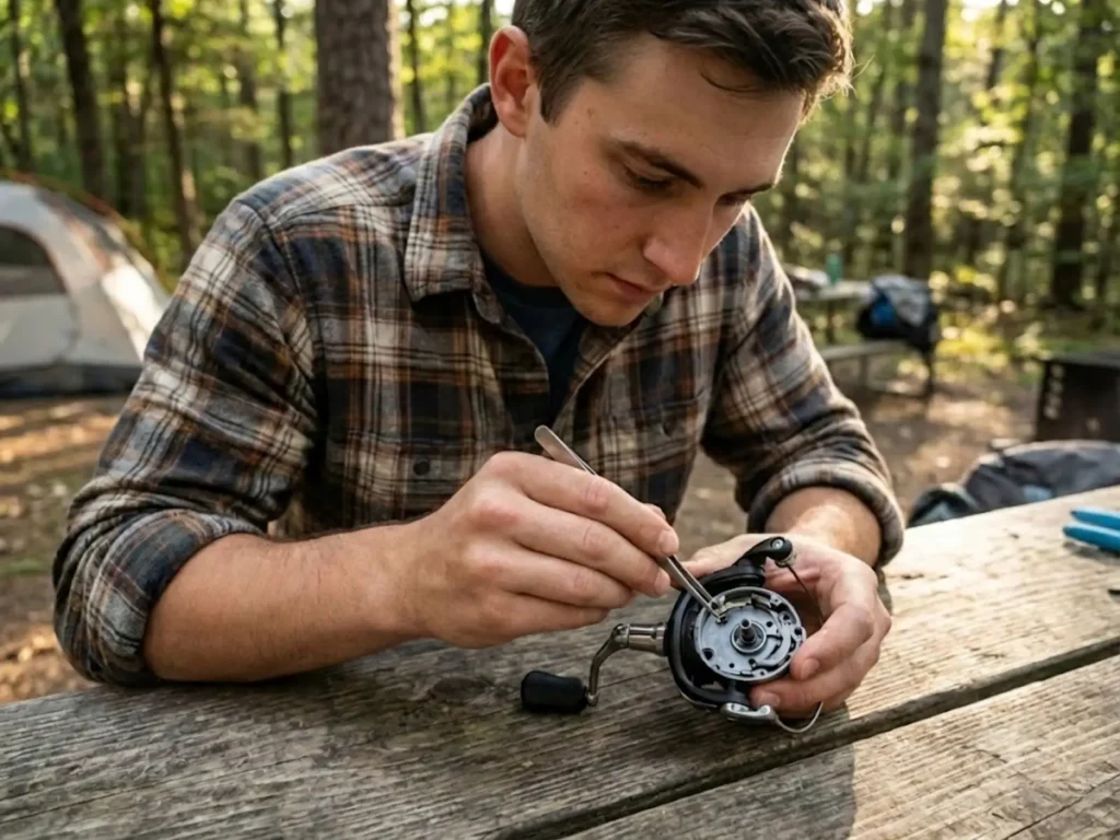Angler inspecting broken pawl spring in opened Shimano FX budget reel at campsite during field repair
