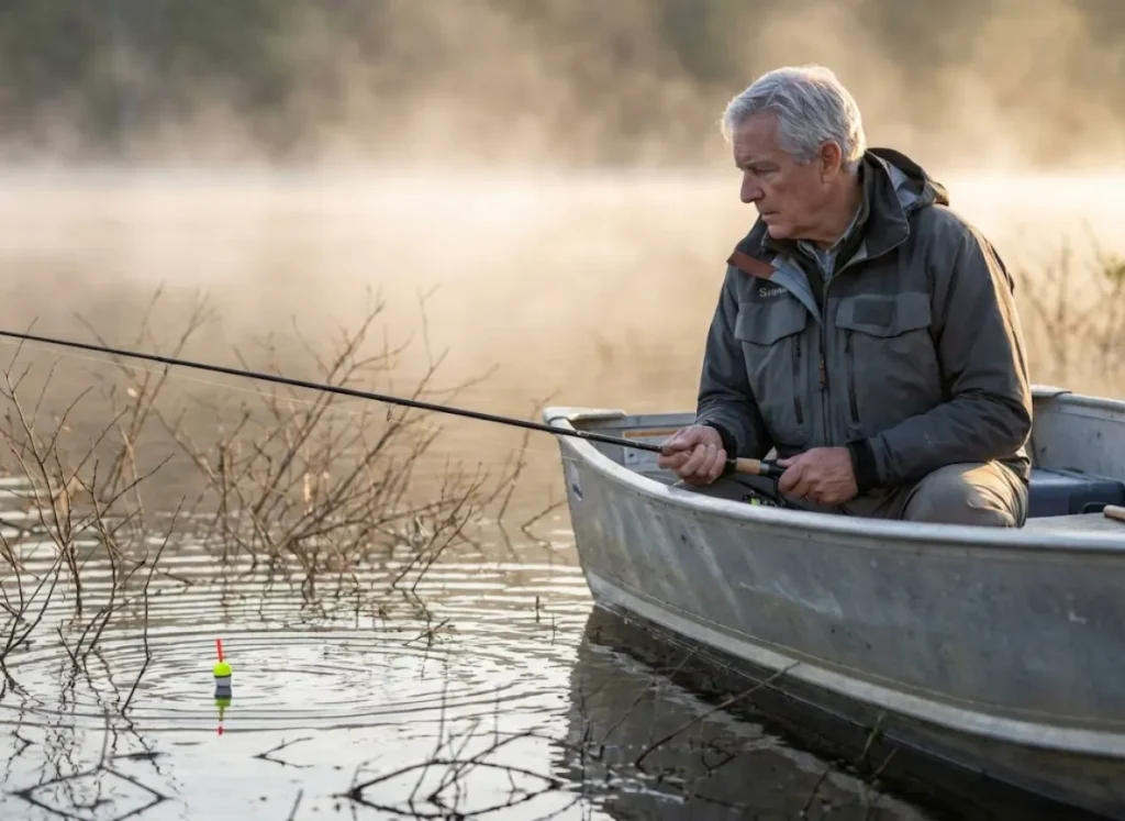 Angler float fishing shallow buckbrush during peak crappie spawn with slip bobber