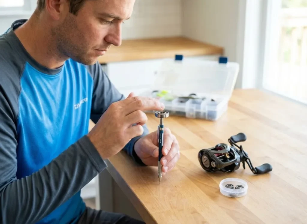 Angler performing pencil spin test on fishing reel bearing for diagnosis