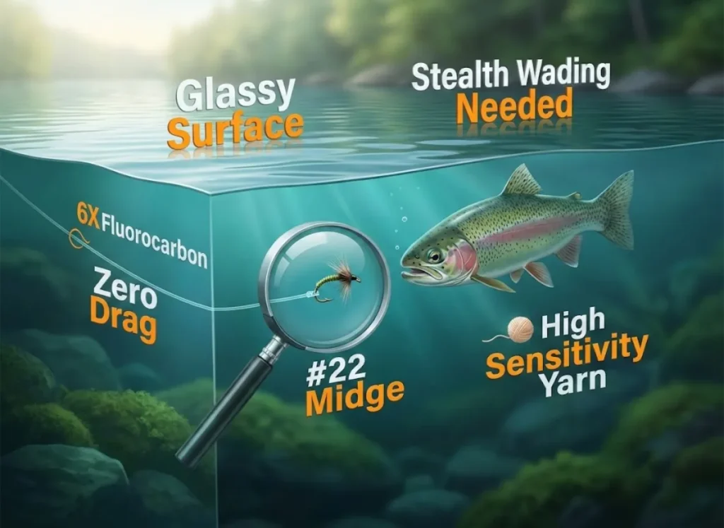A split-level cross-section illustration of a riverbed during low flow. A magnifying glass graphic highlights a tiny fly and thin fishing line, labeled with technical fishing strategies like stealth wading and drag-free drift.