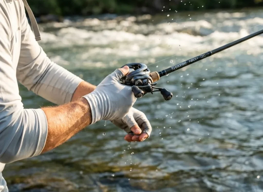 Close-up of an angler's hands casting a G.Loomis rod into rushing river water, freezing water droplets in mid-air, showing muscle tension and premium gear.