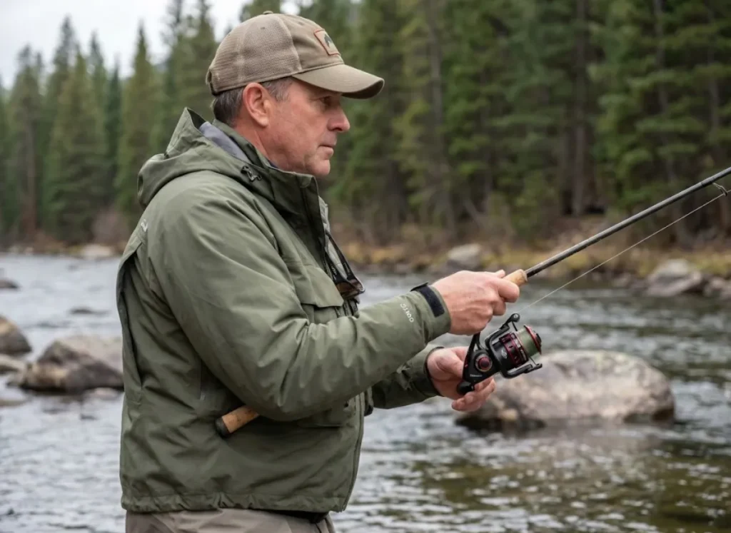 Angler demonstrating 45-degree rod angle technique fighting fish in mountain river