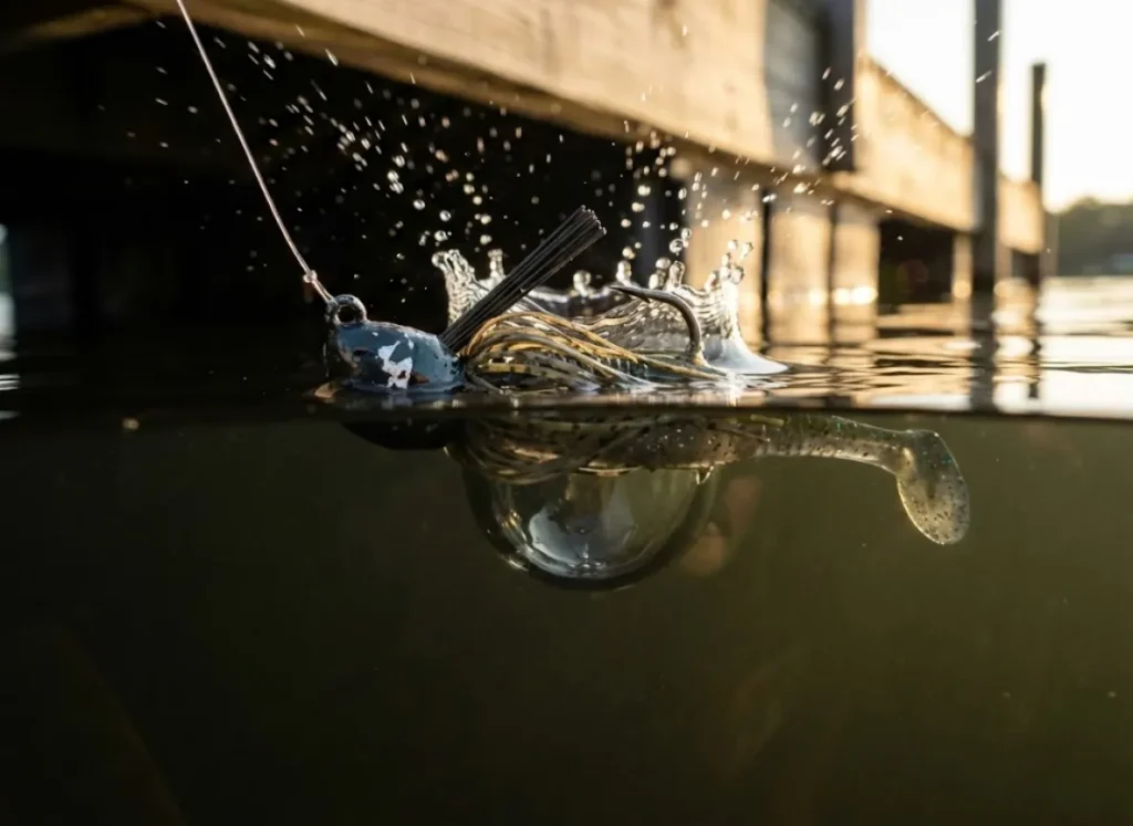 Close-up high-speed photography of a fishing jig skipping across water surface tension creating a spray arc.