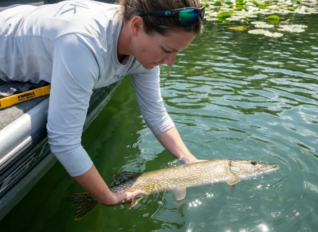 Angler reviving pike with figure-8 motion underwater before release on Minnesota lake