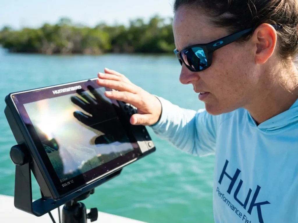 Angler wearing polarized sunglasses struggling to see humminbird fish finder screen glare 