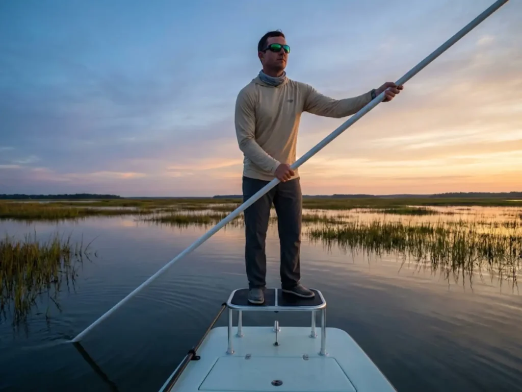 Angler poling flats skiff across shallow turtle grass flat at dawn