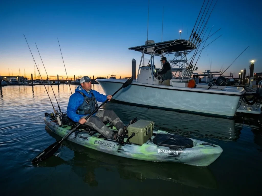 Kayak angler preparing for shuttle service trip at Port O'Connor Texas marina