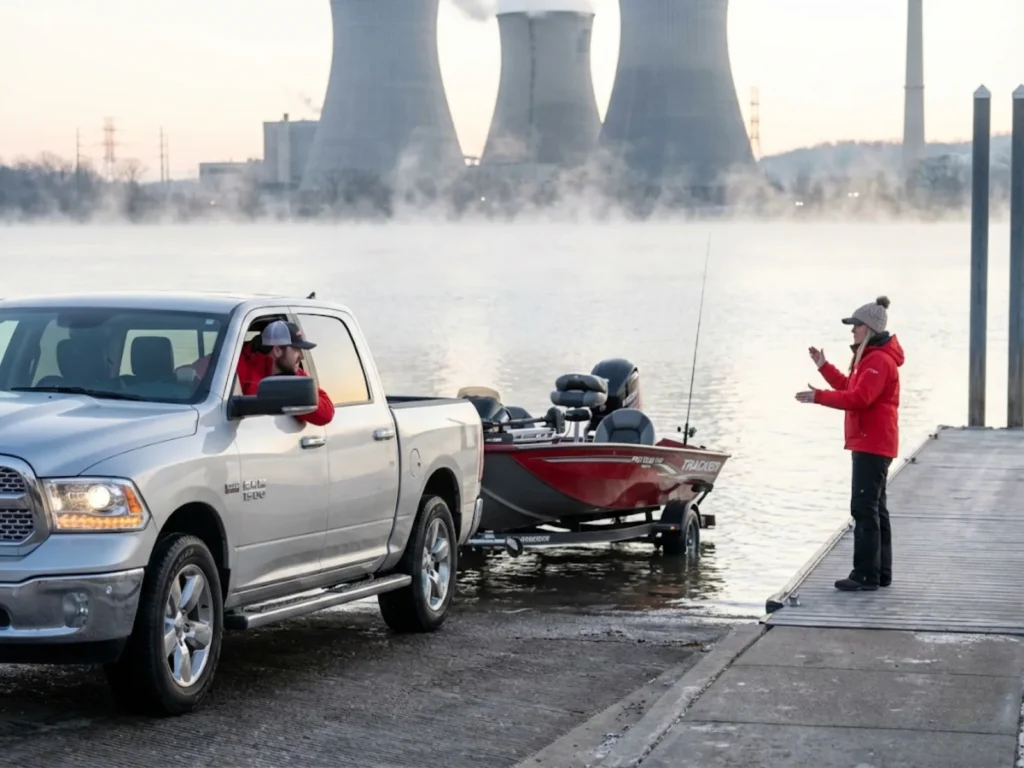 Anglers launching bass boat at power plant lake with steam rising from discharge