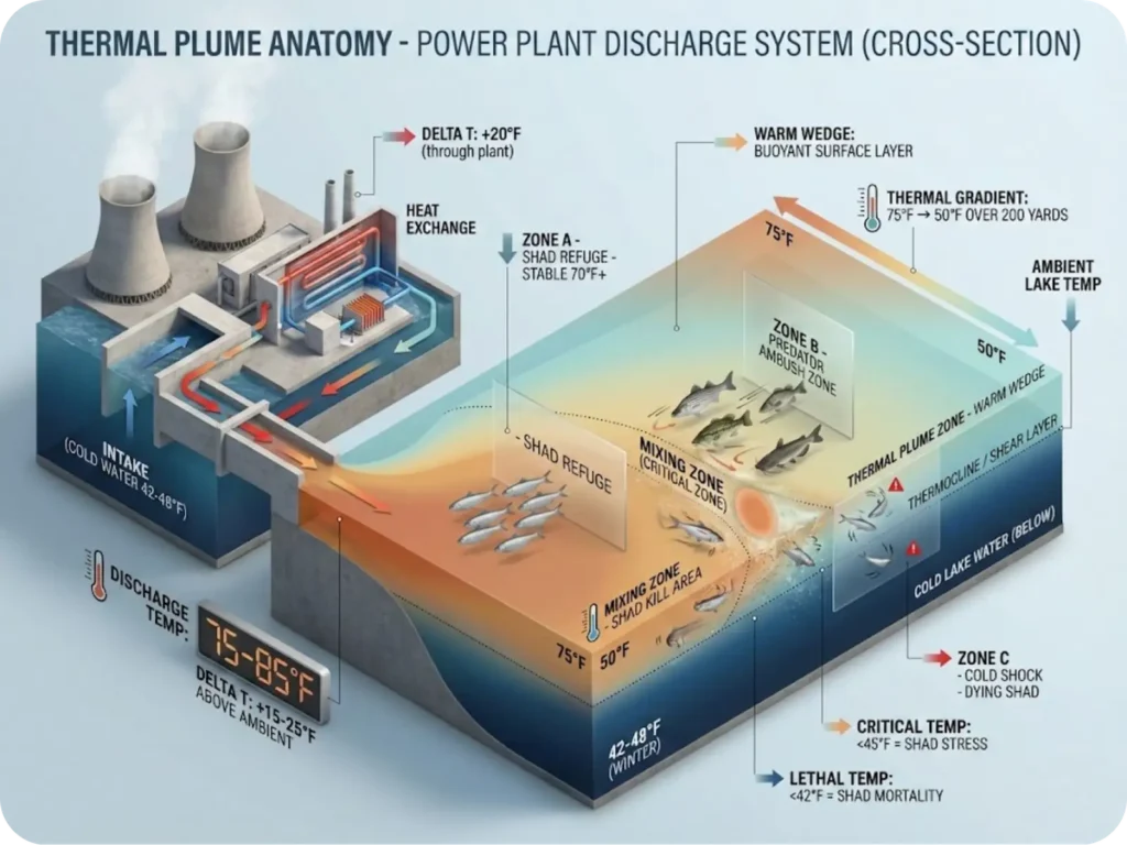 Cross-section diagram showing power plant thermal discharge system with warm water plume, mixing zones, and fish positioning areas for winter fishing.