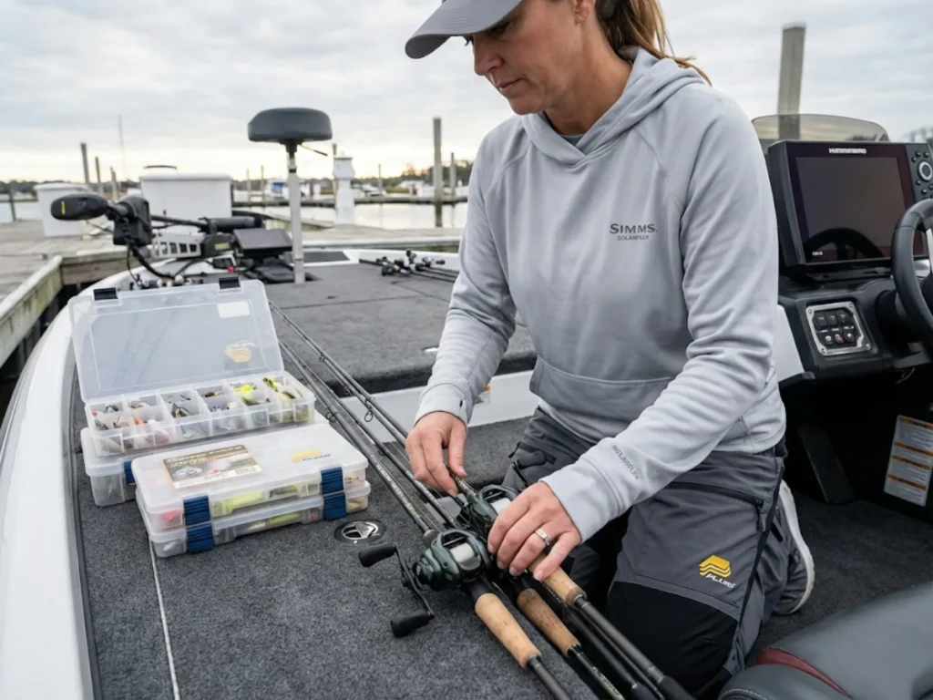 Organized fishing boat deck with pre-rigged rods ready for night fishing trip