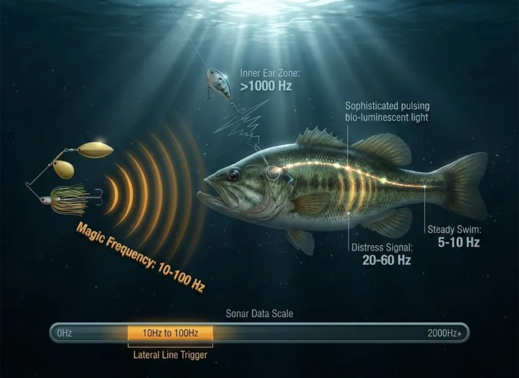 A stunning underwater infographic showing a predatory fish with a glowing lateral line. Visible sound waves illustrate the "Magic Frequency" range (10-100 Hz) emanating from fishing lures, contrasted against high-frequency rattles.