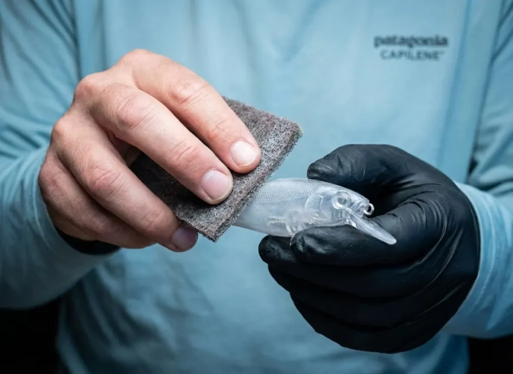 Hands wearing black nitrile gloves scuffing a plastic lure blank with a 3M pad to create adhesion texture, detailed lighting showing surface scratches.