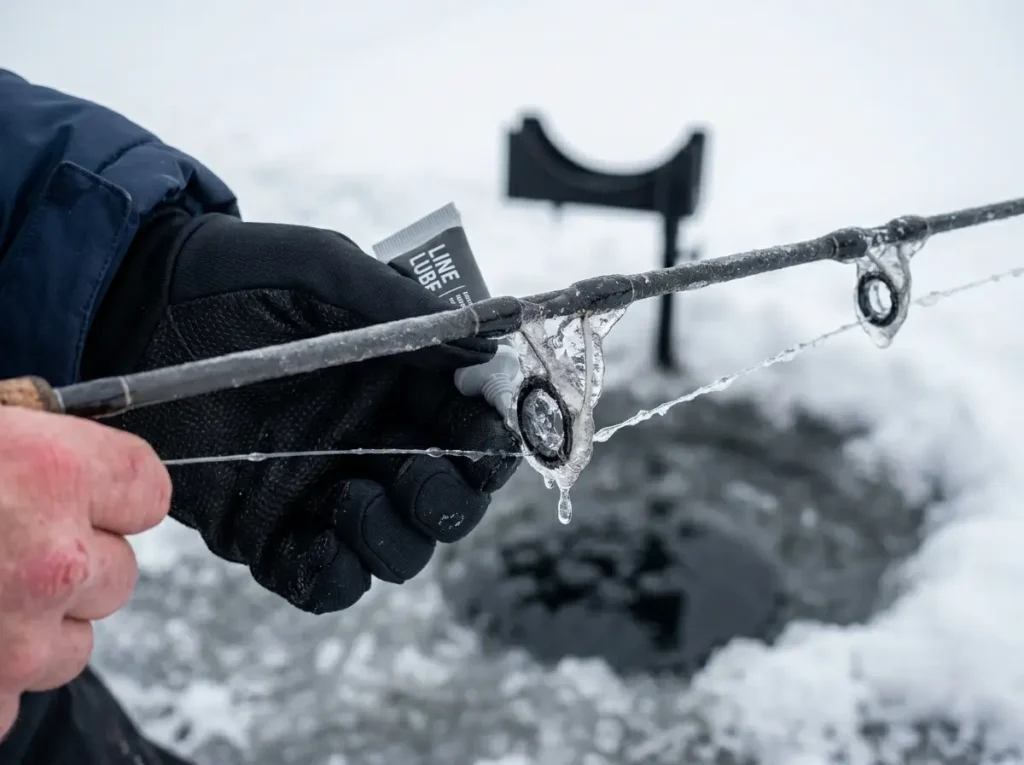 Angler smears conditioner on ice-glazed rod guides to keep cold water line from freezing
