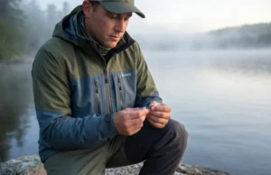 Prevent Lead Poisoning in Waterfowl and Wildlife A professional angler in Simms gear inspecting non-toxic tackle on a misty lake shoreline at dawn.