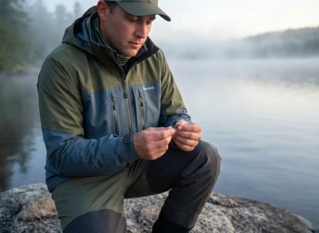 prevent-lead-poisoning-waterfowl A professional angler in Simms gear inspecting non-toxic tackle on a misty lake shoreline at dawn.