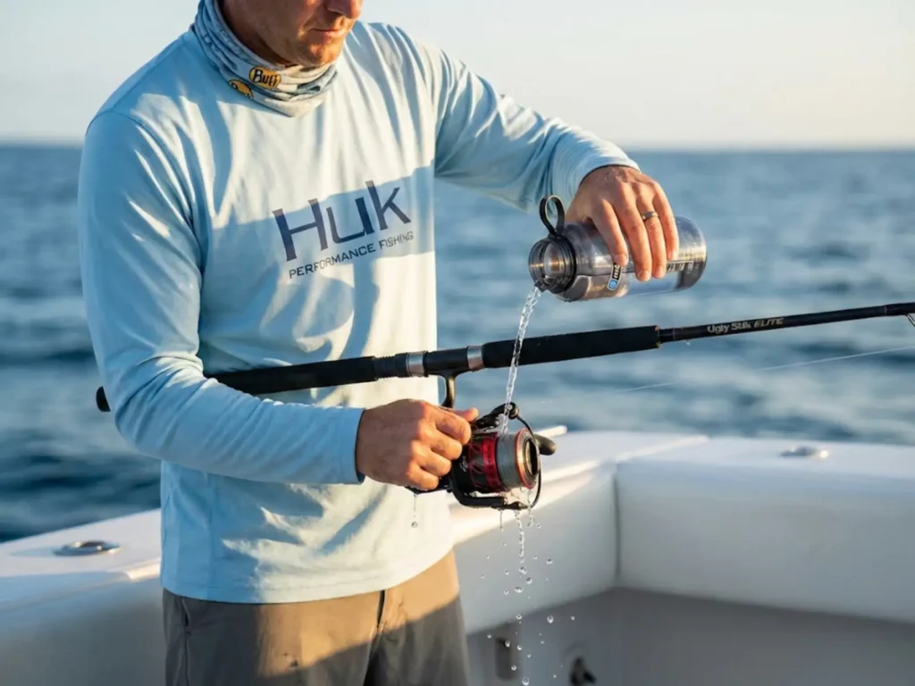 Angler performing post-trip preventative maintenance by gently rinsing saltwater reel on boat deck