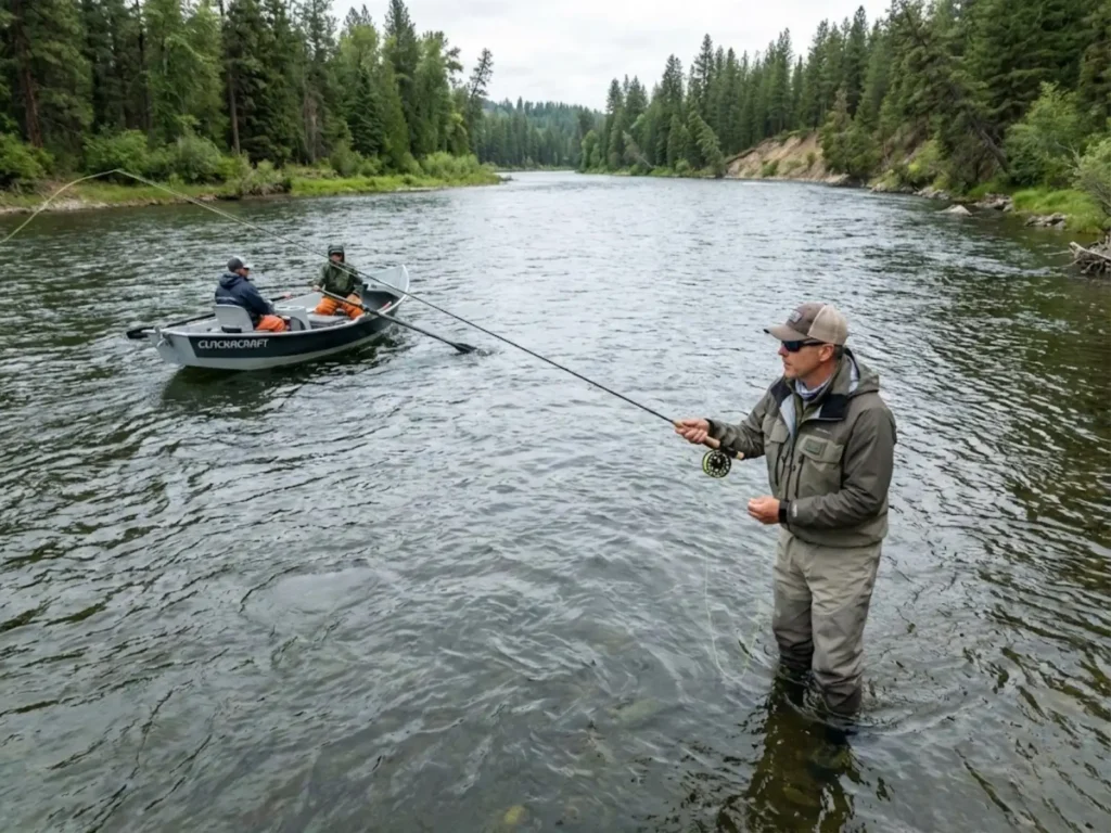 Drift boat passing behind wade angler demonstrating proper river right-of-way etiquette