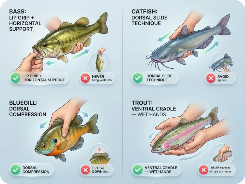 Four-panel infographic showing proper fish handling grips for Bass (lip grip with horizontal support), Catfish (dorsal slide technique), Bluegill (dorsal compression), and Trout (ventral cradle), each with correct and incorrect examples marked.