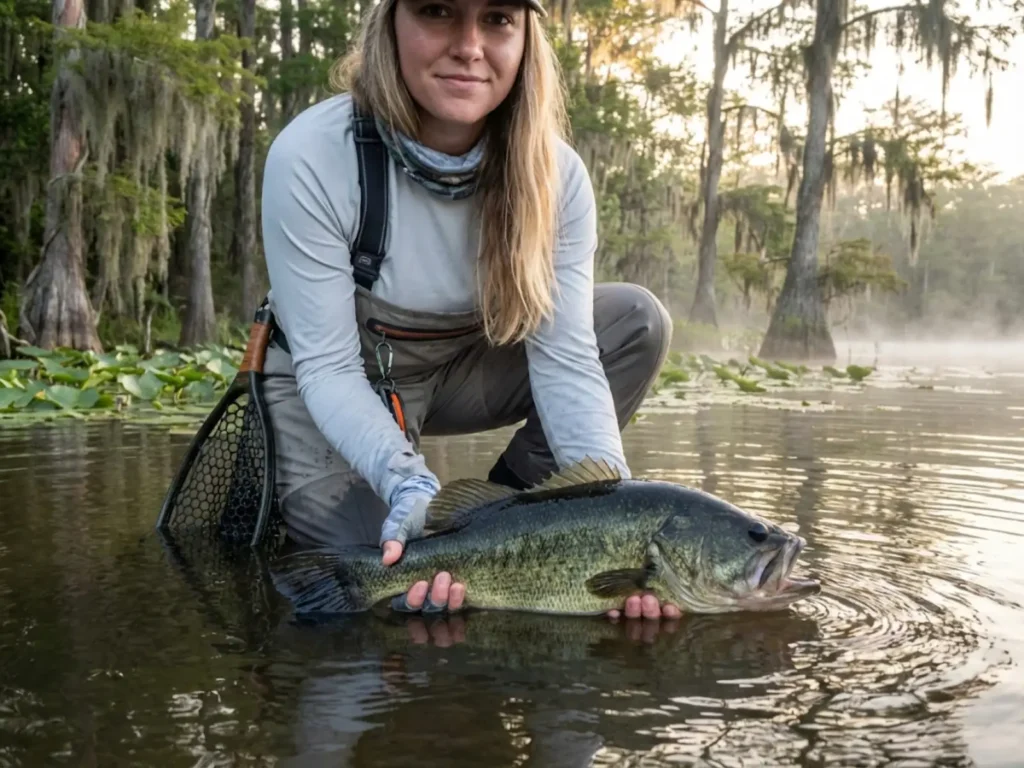 Female angler demonstrating proper horizontal fish handling technique keeping bass in water to maximize survival