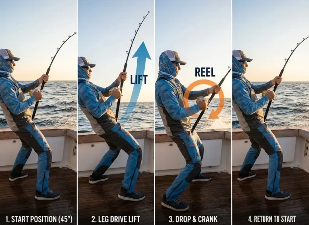 A four-panel photographic sequence illustrating the pump-and-reel fishing technique. Panel 1 shows the start position at 45 degrees. Panel 2 shows a "LIFT" motion using leg drive. Panel 3 shows a "REEL" motion while dropping the rod. Panel 4 shows the return to the start position. Arrows and text labels clarify the actions in a cinematic marine setting.
