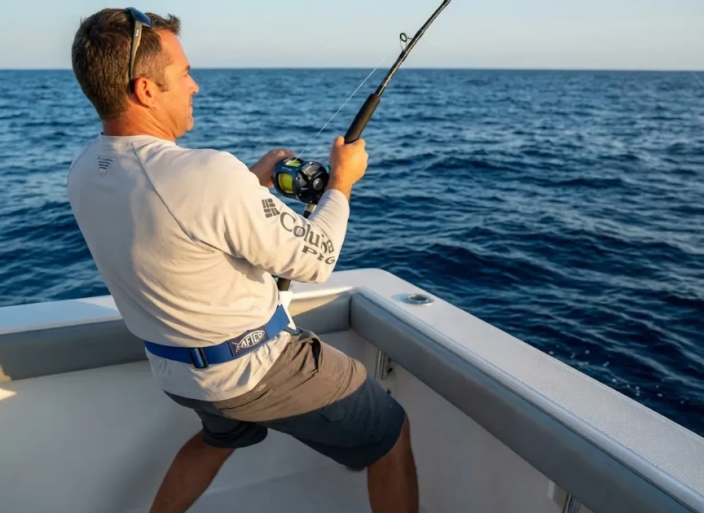 Angler using pump-and-reel technique with fighting belt during mid-fight on offshore boat