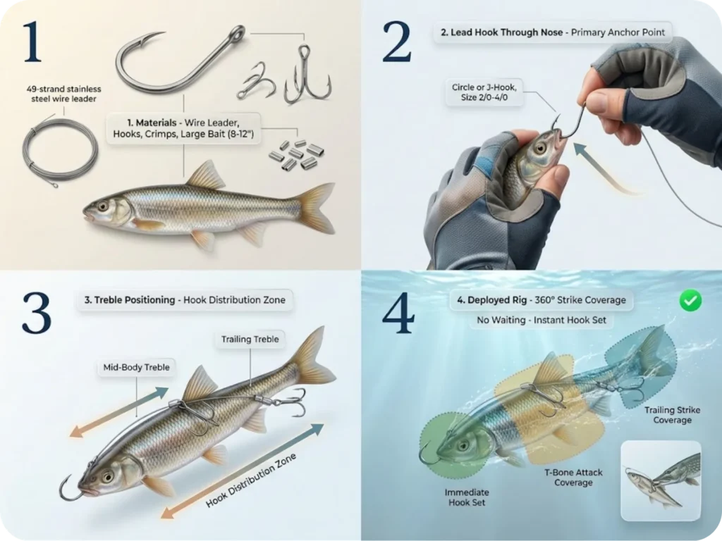 Four-step instructional sequence showing Quick Strike Rig assembly for pike and musky fishing: materials layout, nose hook insertion, treble hook positioning along body, and completed rig deployment showing distributed hook coverage.