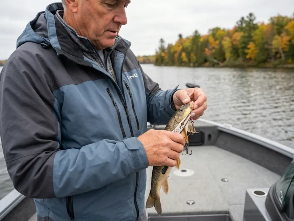 Freshwater angler rigging Quick Strike Rig for musky fishing with multiple treble hooks on sucker bait