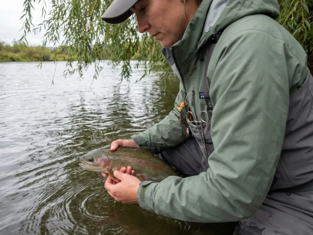 Angler examining rainbow trout fin condition to identify stocked vs wild origin