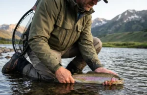 Rainbow Trout Stocked vs Wild: The Tactical Profiling System Angler releasing a wild rainbow trout showing vibrant coloration in a clear mountain river