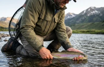 Rainbow Trout Stocked vs Wild: The Tactical Profiling System Angler releasing a wild rainbow trout showing vibrant coloration in a clear mountain river