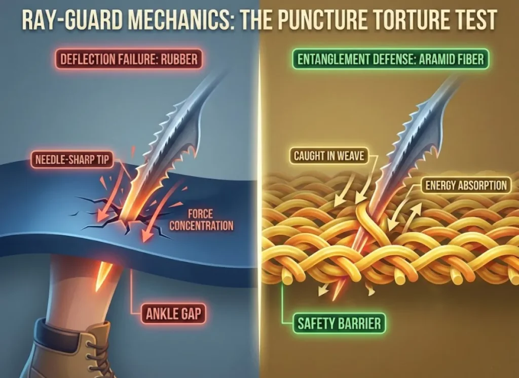 A side-by-side comparative diagram titled "Ray-Guard Mechanics: Deflection vs. Entanglement." The left side, labeled "DEFLECTION FAILURE: RUBBER," shows a serrated stingray barb with a "NEEDLE-SHARP TIP" piercing through a thick "RUBBER" cross-section, with arrows showing "FORCE CONCENTRATION" and an "ANKLE GAP" vulnerability. The right side, labeled "ENTANGLEMENT DEFENSE: ARAMID FIBER," shows a barb getting snagged and "CAUGHT IN WEAVE" of a complex "ARAMID FIBER" material, with arrows indicating "ENERGY ABSORPTION" and a "SAFETY BARRIER" label.