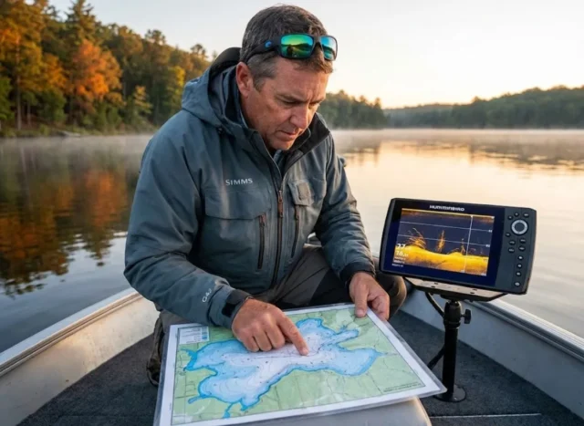 reading-lake-contour-maps-bass-boat-fish-finder Angler reading lake contour map on bass boat comparing to Humminbird fish finder screen at dawn