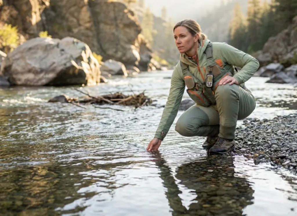 Female angler reading water conditions on Idaho steelhead river, checking temperature